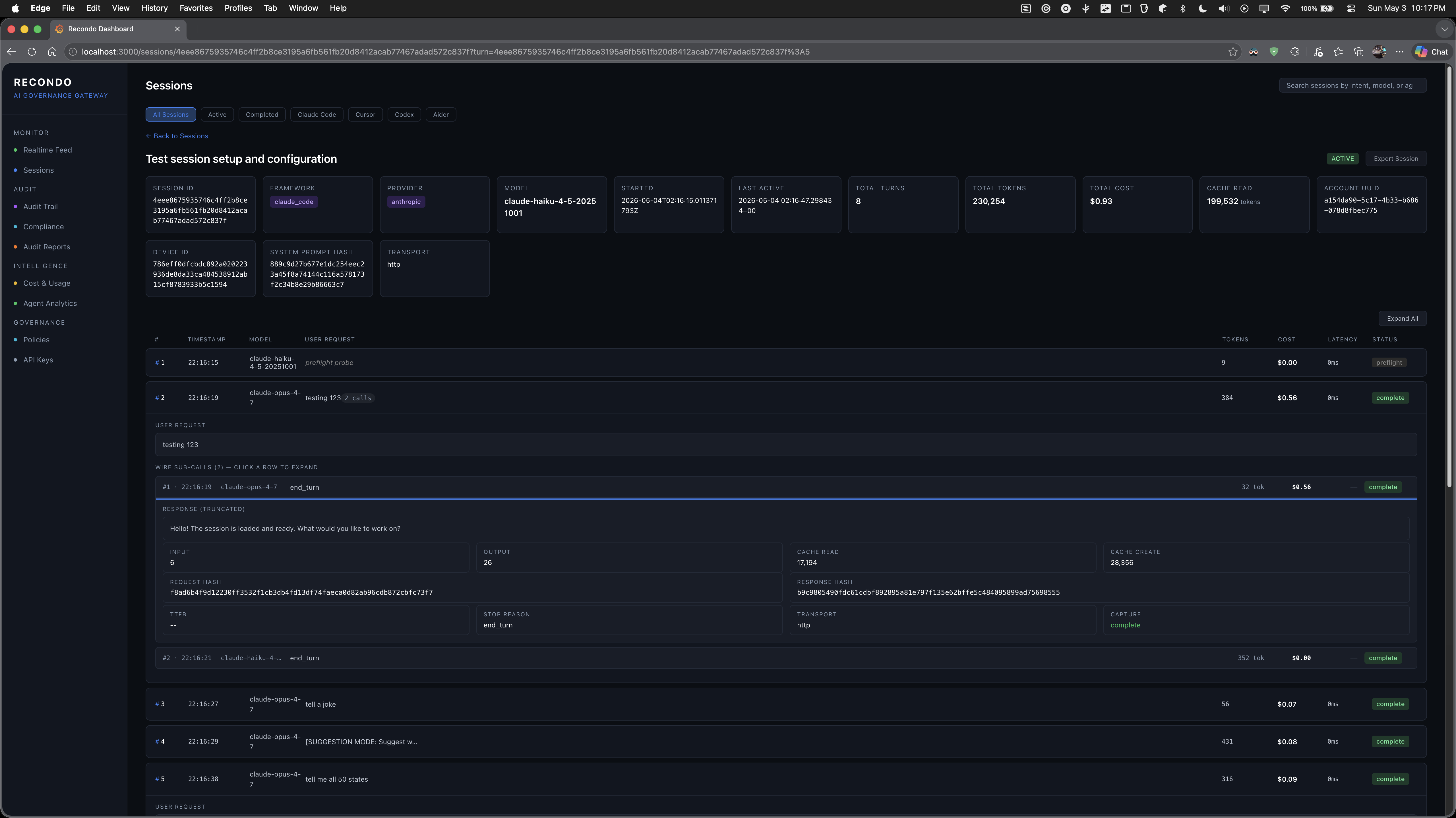 Session detail view — turn timeline with prompts, tokens, latency, request and response hashes, stop reasons, and capture status